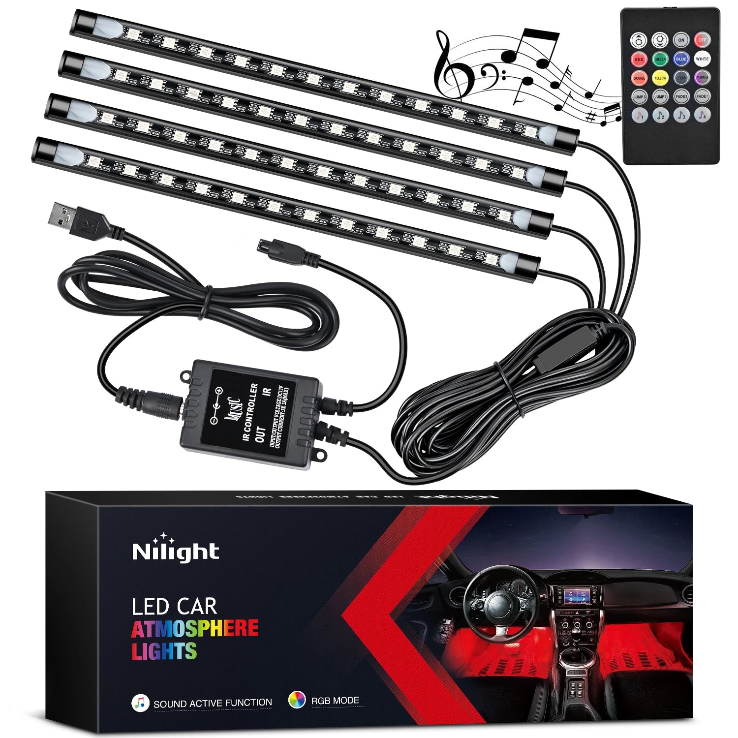 إضاءة داخلية للسيارة USB RGB شرائط إضاءة 4 قطع