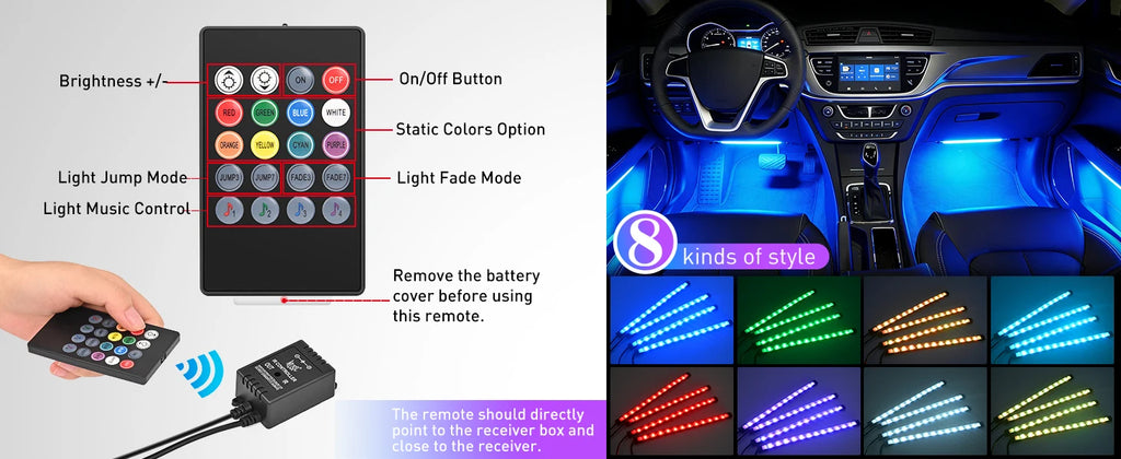 إضاءة داخلية للسيارة USB RGB شرائط إضاءة 4 قطع
