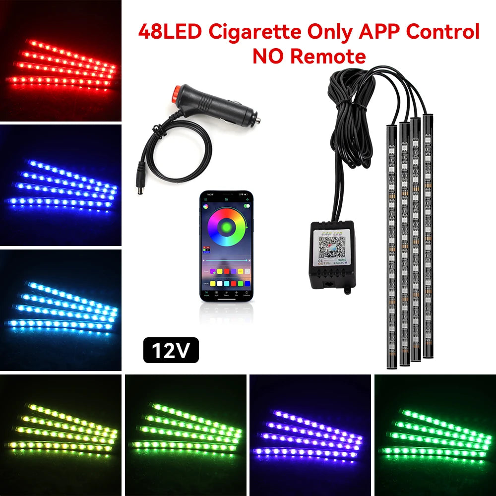 ضوء LED موسيقي RGB للسيارة داخلي بمنفذ USB وجهاز تحكم عن بعد