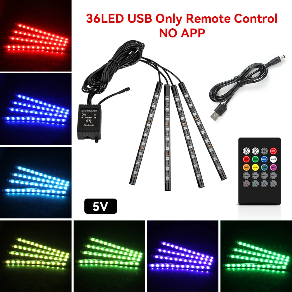 ضوء LED موسيقي RGB للسيارة داخلي بمنفذ USB وجهاز تحكم عن بعد