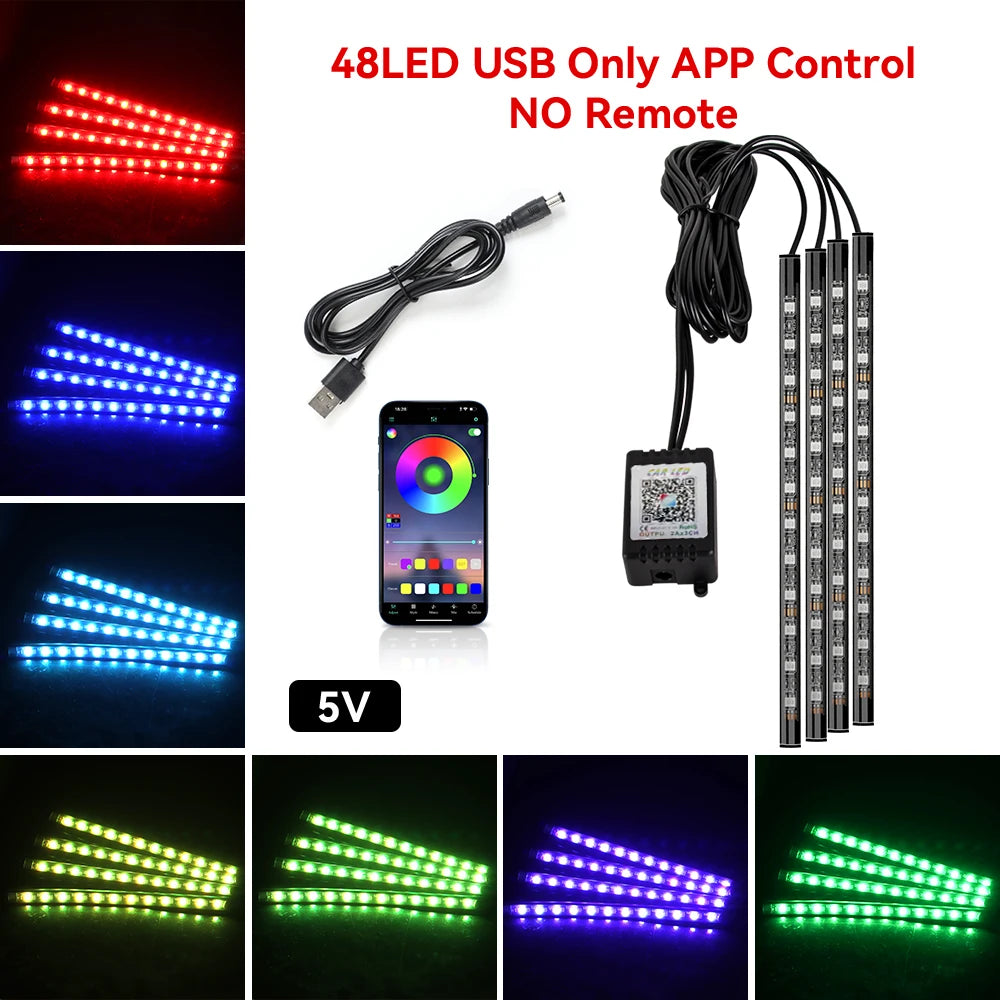 إضاءة LED نيون محيطية للسيارة 4 في 1 بمنفذ USB