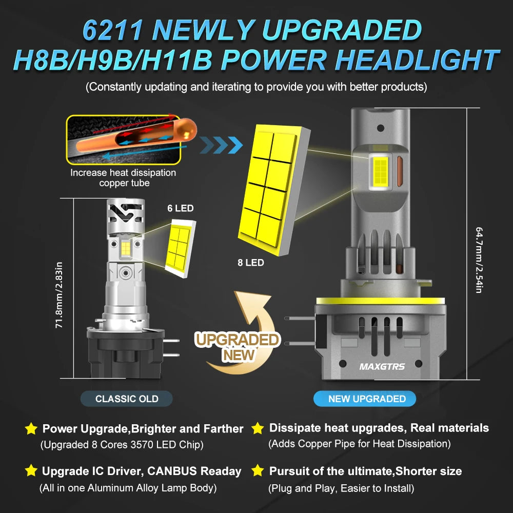مصباح أمامي LED طراز H11B بقوة 55 واط 26000 لومن مزود بتقنية Canbus