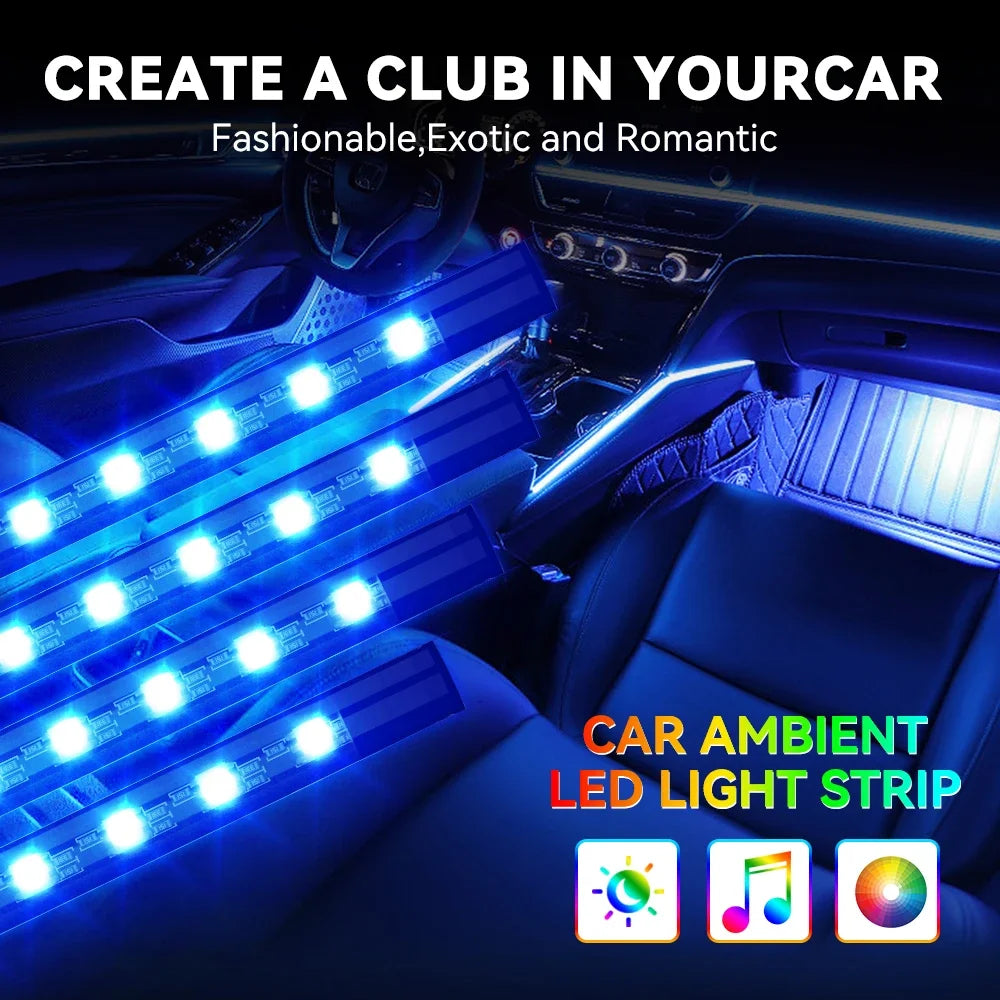 إضاءة LED نيون محيطية للسيارة 4 في 1 بمنفذ USB