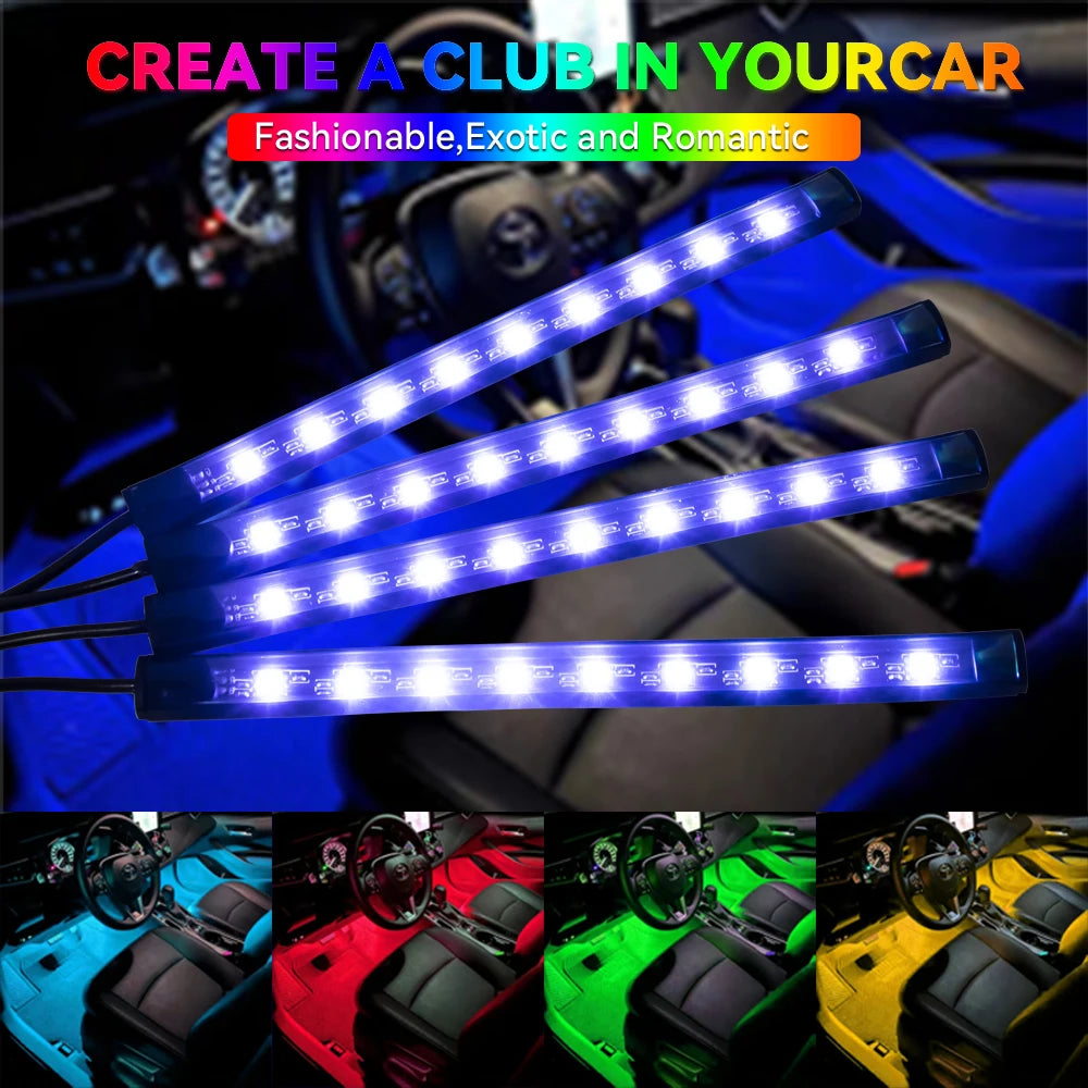 إضاءة LED نيون محيطية للسيارة 4 في 1 بمنفذ USB