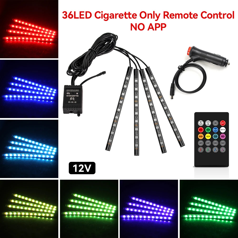 ضوء LED موسيقي RGB للسيارة داخلي بمنفذ USB وجهاز تحكم عن بعد