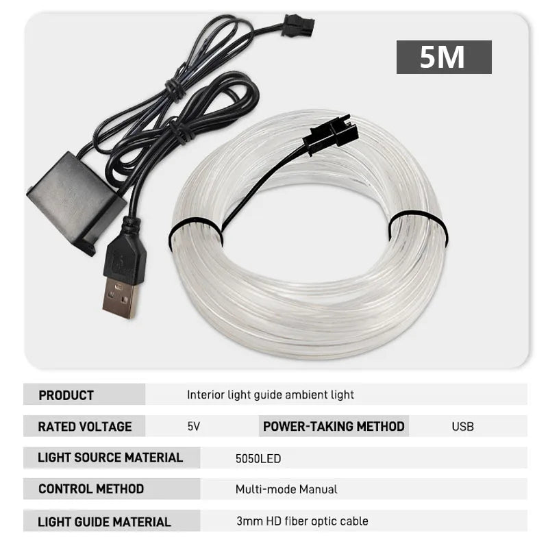 شريط إضاءة LED نيون داخلي للسيارة بطول 1 م/3 م/5 م