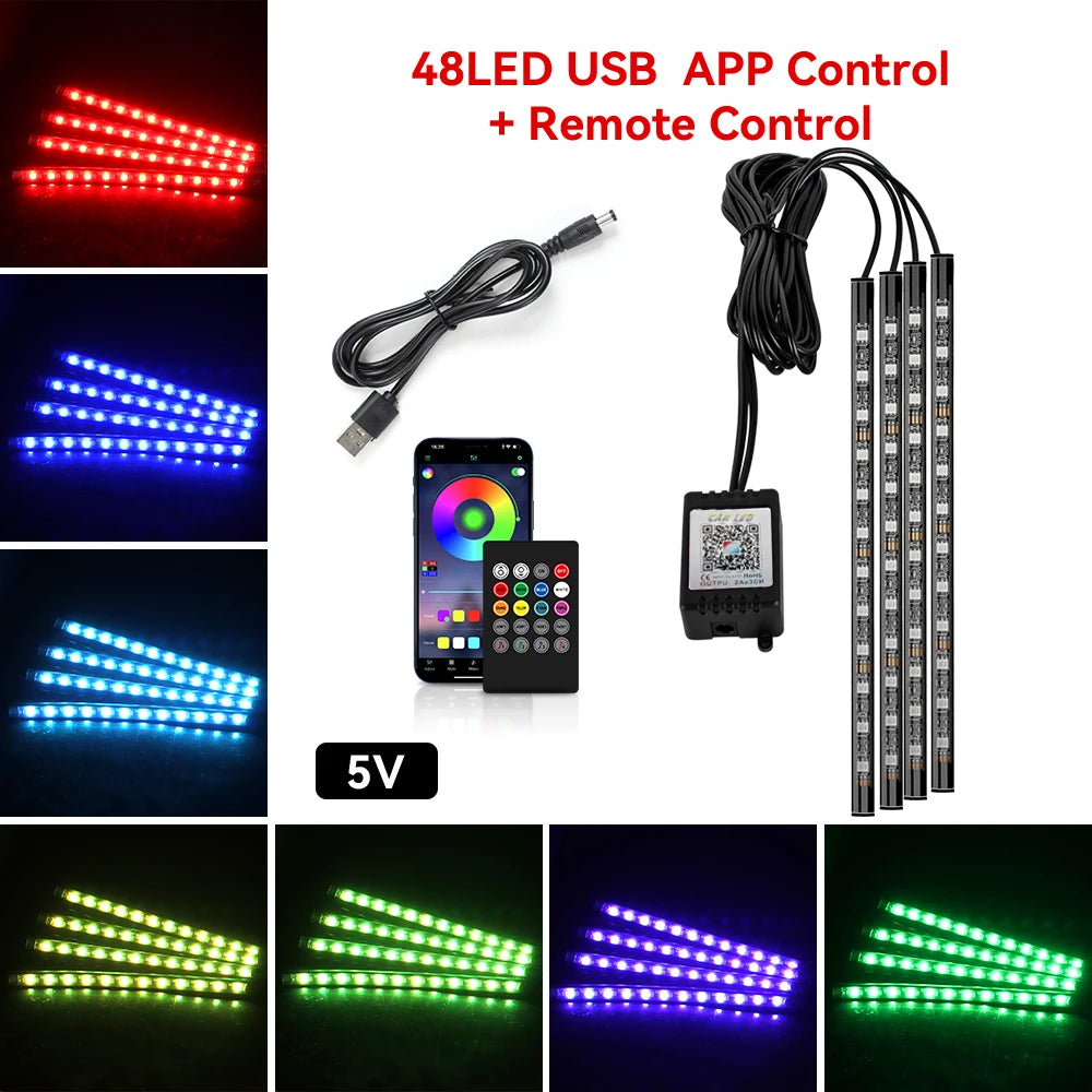 إضاءة LED نيون محيطية للسيارة 4 في 1 بمنفذ USB