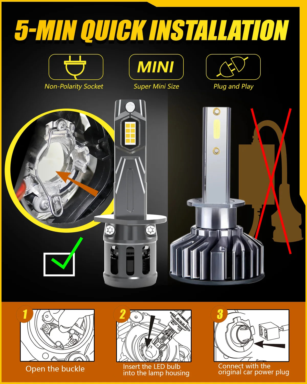H1 LED Headlight 20000LM 6000K (2PCS)