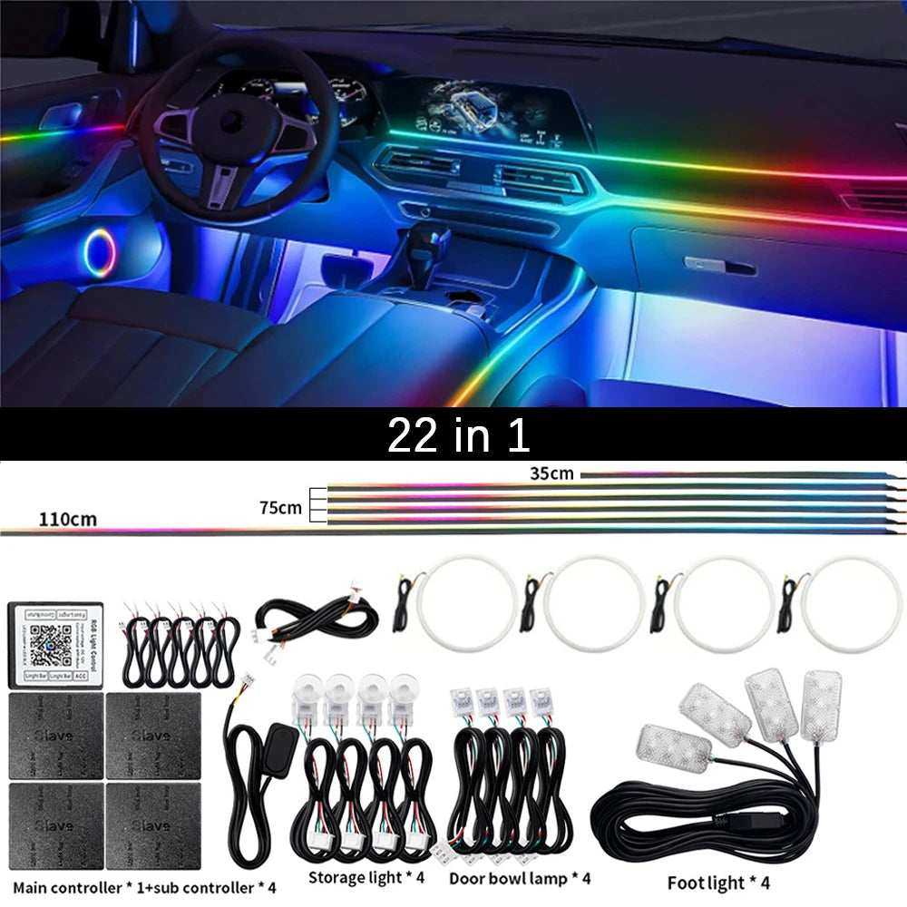 طقم إضاءة داخلية للسيارة بـ 64 لونًا RGB مع تطبيق