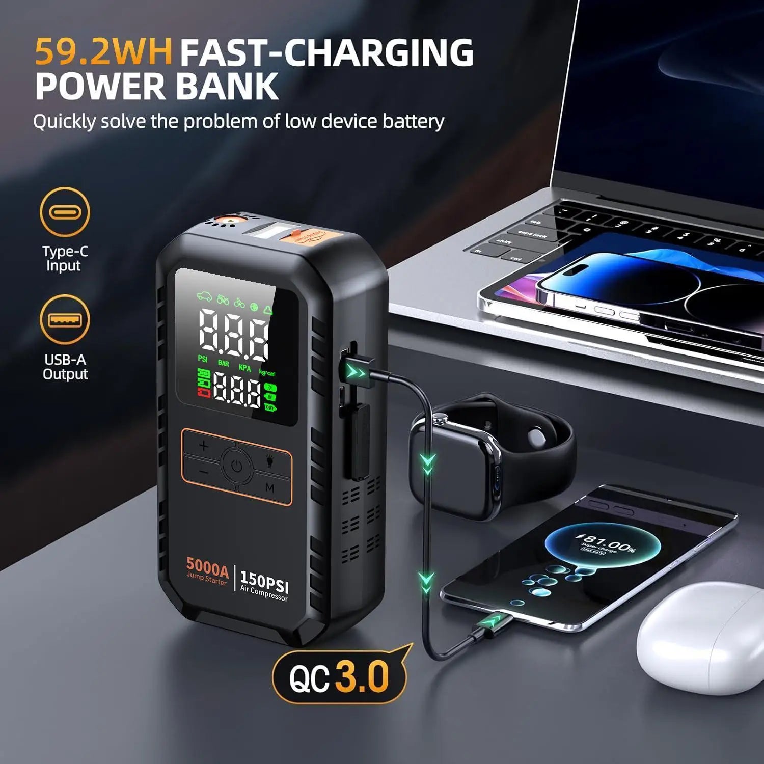4-in-1 Car Jump Starter & Air Compressor