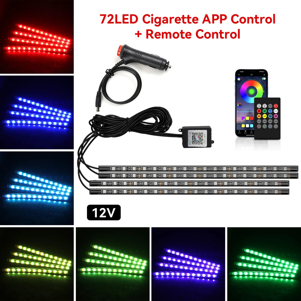 ضوء LED موسيقي RGB للسيارة داخلي بمنفذ USB وجهاز تحكم عن بعد