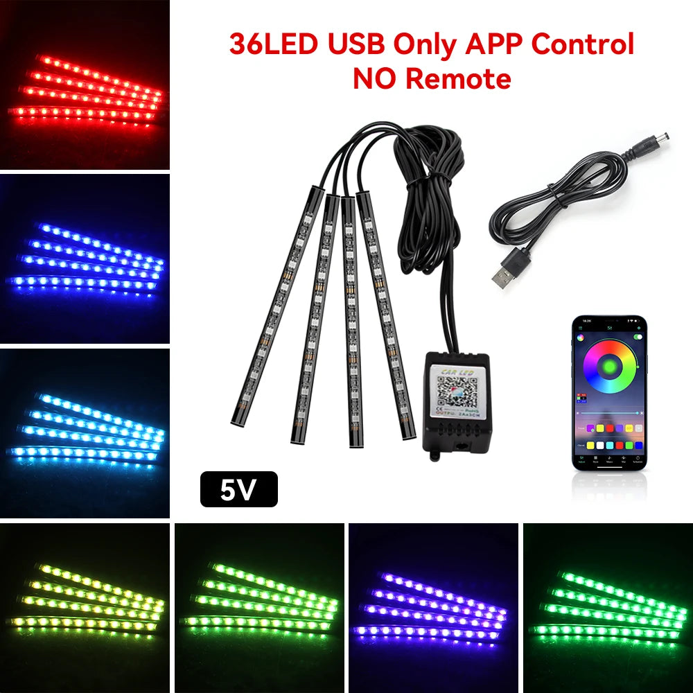 ضوء LED موسيقي RGB للسيارة داخلي بمنفذ USB وجهاز تحكم عن بعد