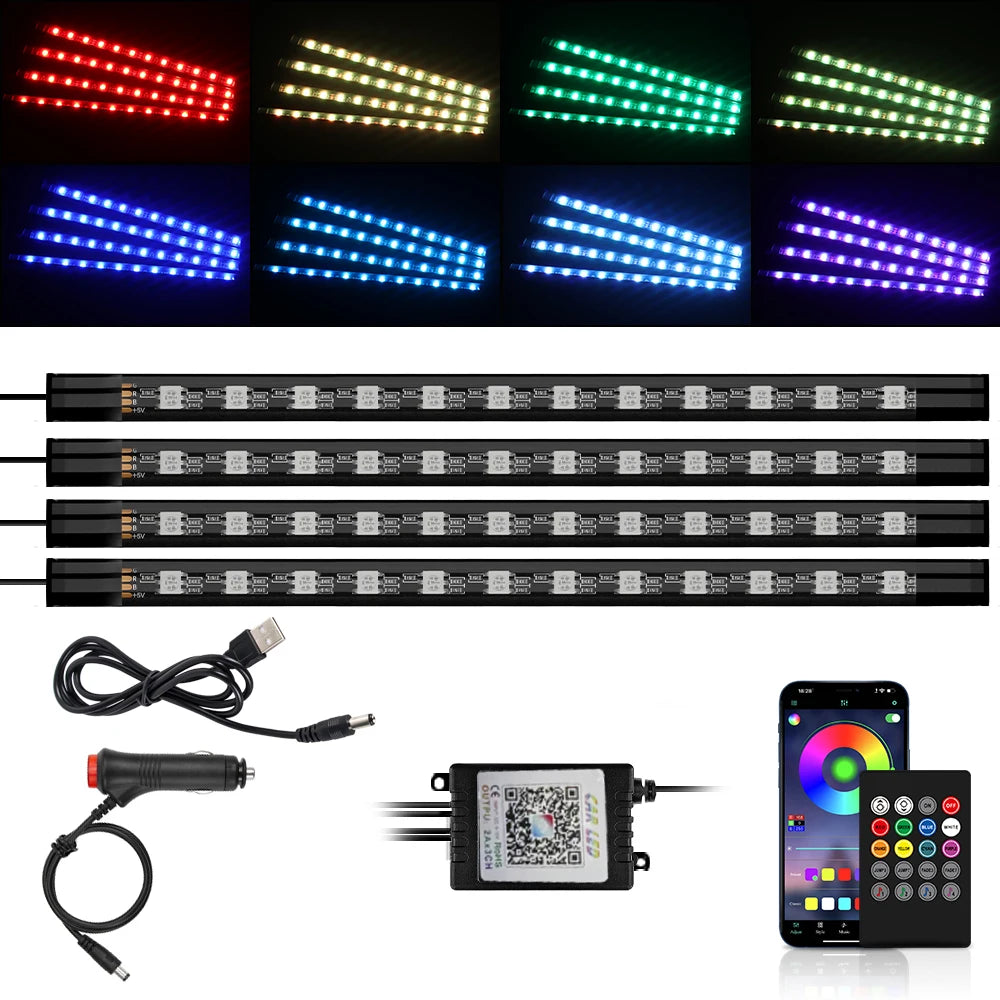 ضوء LED موسيقي RGB للسيارة داخلي بمنفذ USB وجهاز تحكم عن بعد