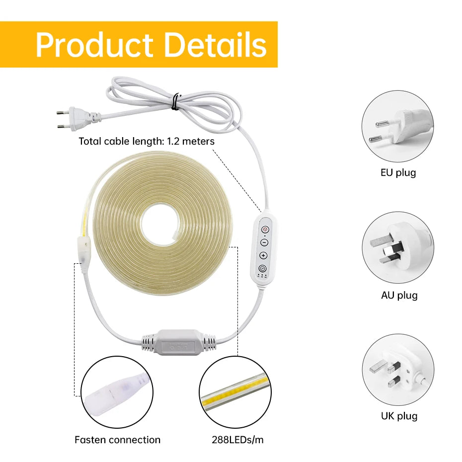 شريط إضاءة LED من نوع COB بجهد 220 فولت ومقاومة للماء IP65