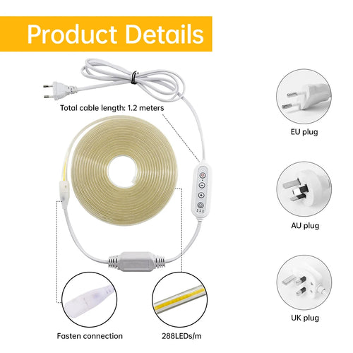 شريط إضاءة LED من نوع COB بجهد 220 فولت ومقاومة للماء IP65