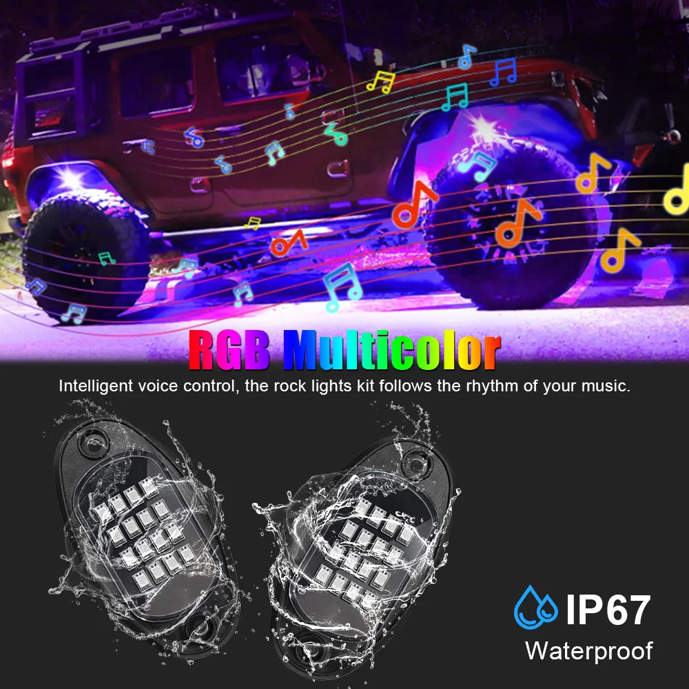 طقم مصابيح الصخور RGB للسيارة بتطبيق بلوتوث