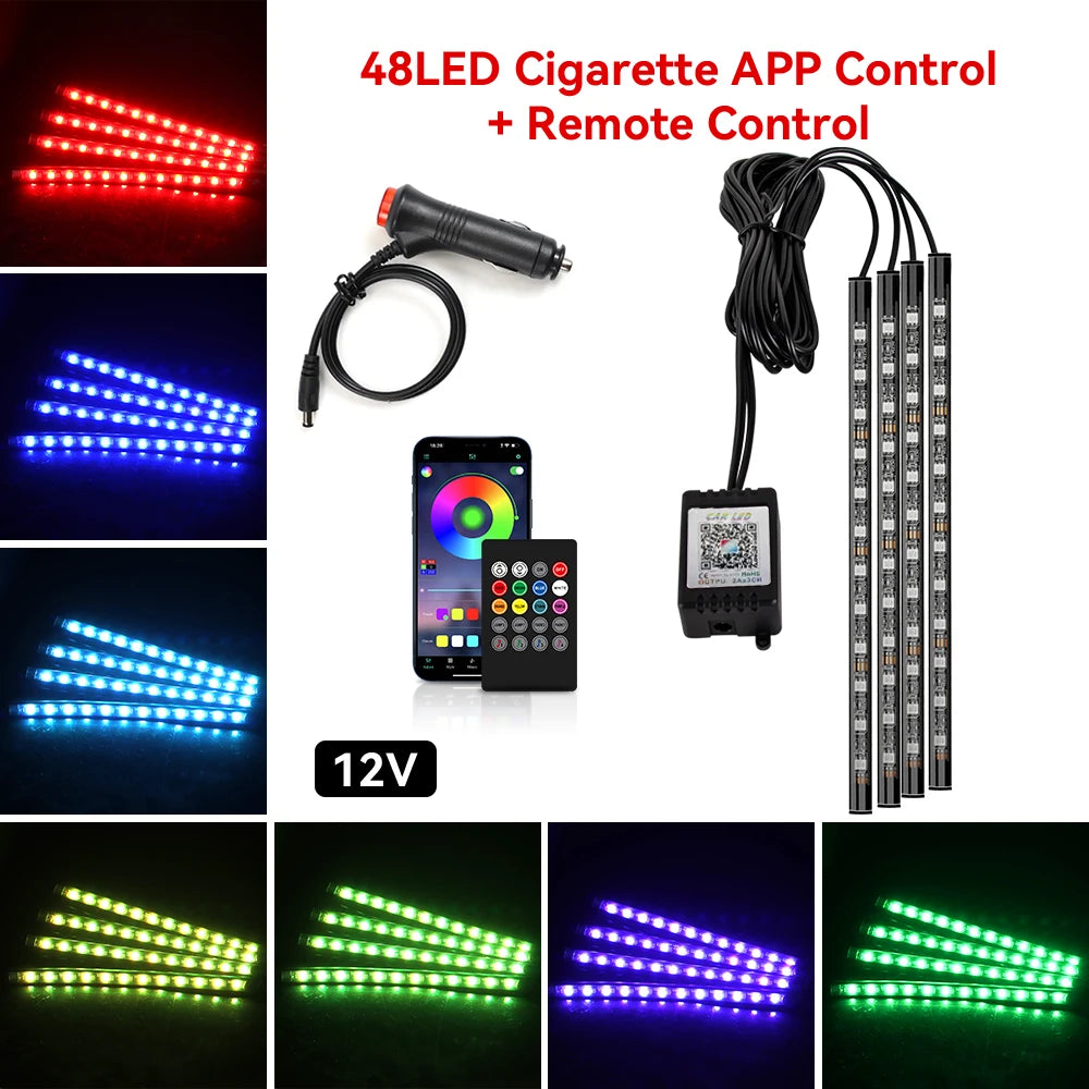 ضوء LED موسيقي RGB للسيارة داخلي بمنفذ USB وجهاز تحكم عن بعد