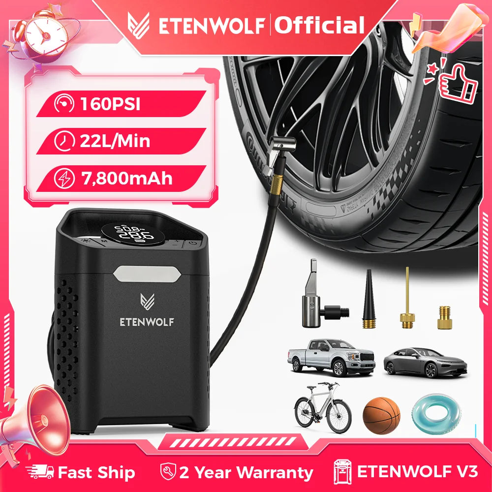 مضخة نفخ الإطارات ETENWOLF V3 بقوة 7800 مللي أمبير في الساعة