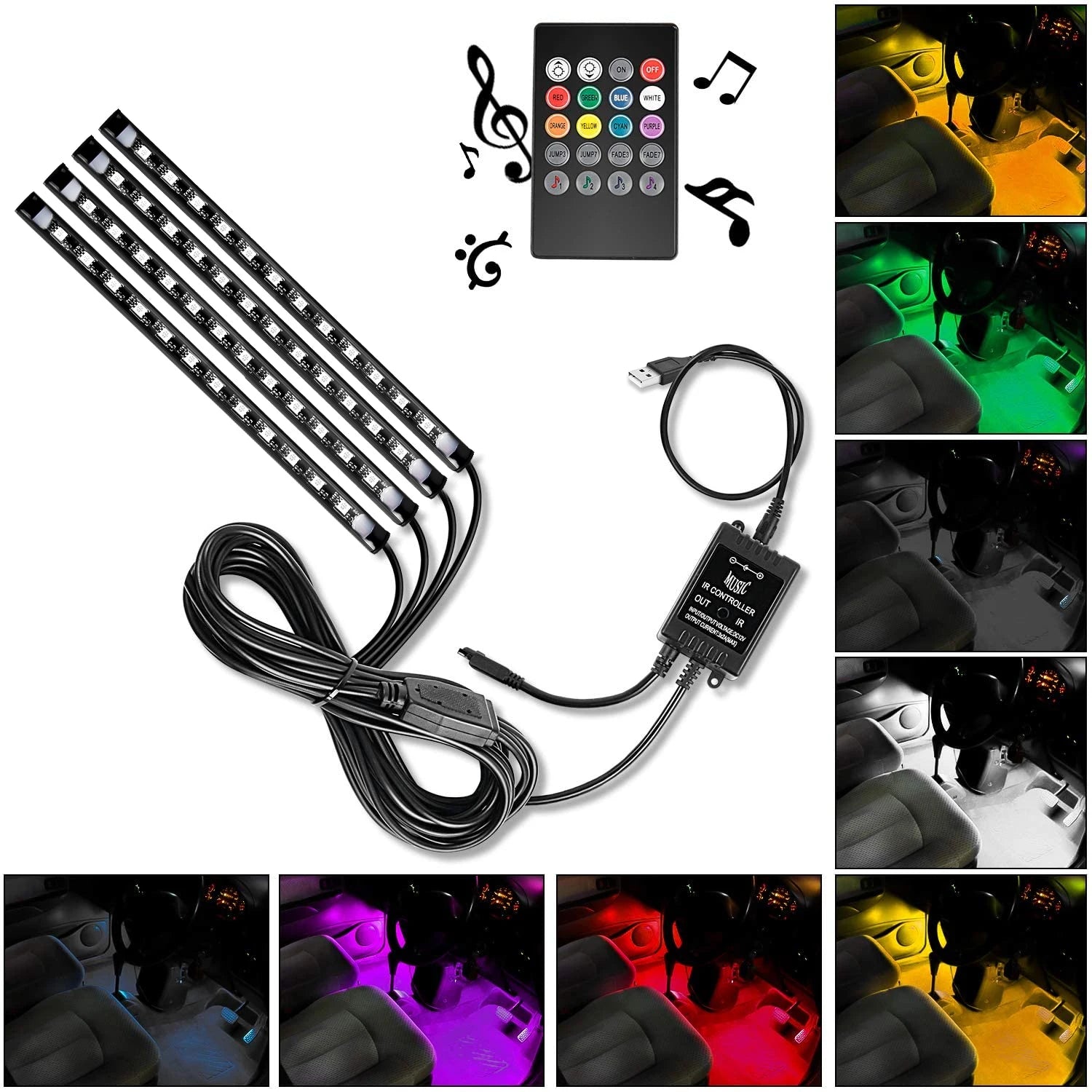 إضاءة داخلية للسيارة USB RGB شرائط إضاءة 4 قطع