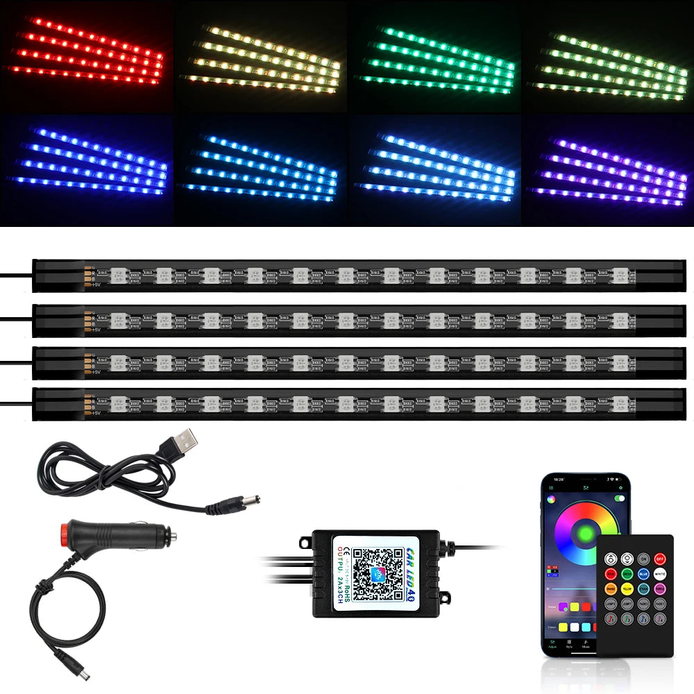 إضاءة LED نيون محيطية للسيارة 4 في 1 بمنفذ USB