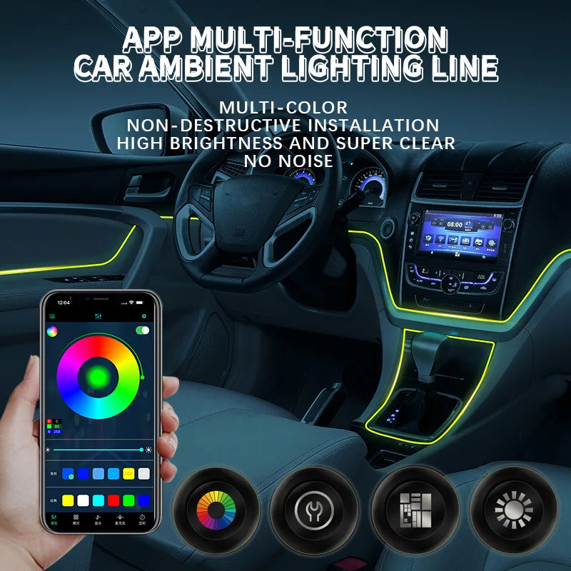 شريط إضاءة نيون LED داخلي للسيارة USB بطول 1 م/3 م/5 م