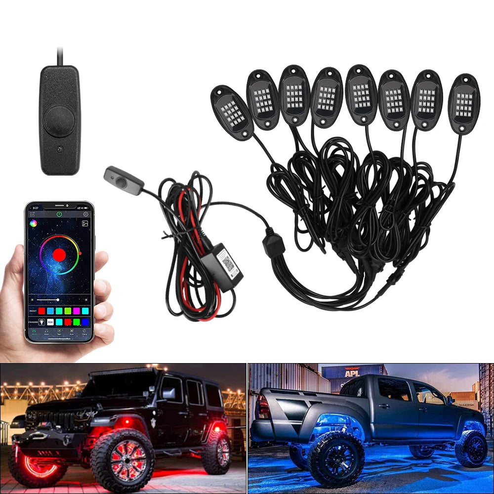 طقم مصابيح الصخور RGB للسيارة بتطبيق بلوتوث