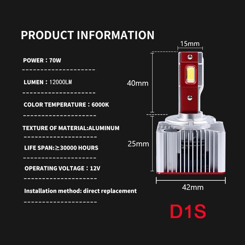 مصباح أمامي LED D1S–D8S بقوة 70 واط بتقنية كانبوس 6000 كلفن (قطعتان)