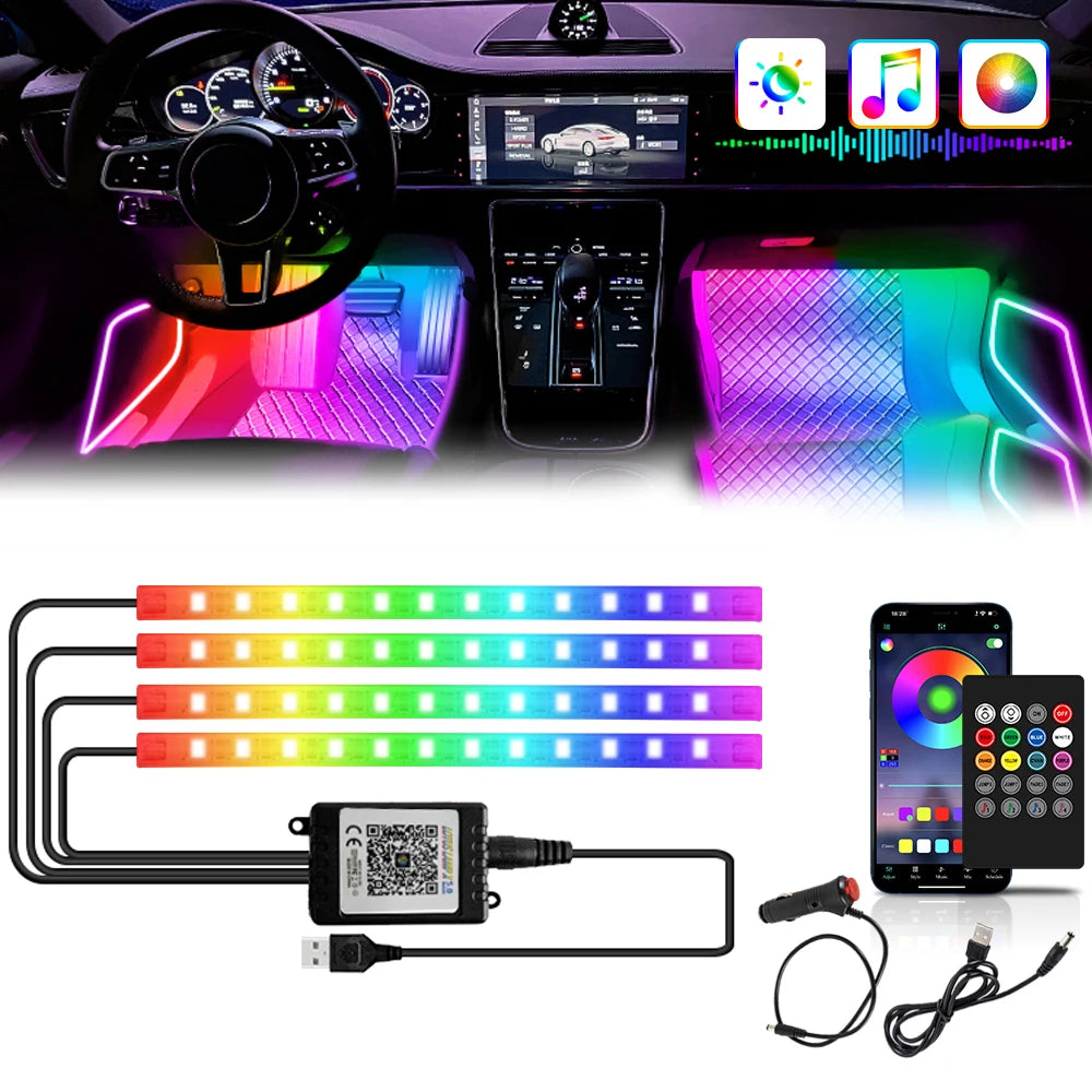 ضوء LED موسيقي RGB للسيارة داخلي بمنفذ USB وجهاز تحكم عن بعد