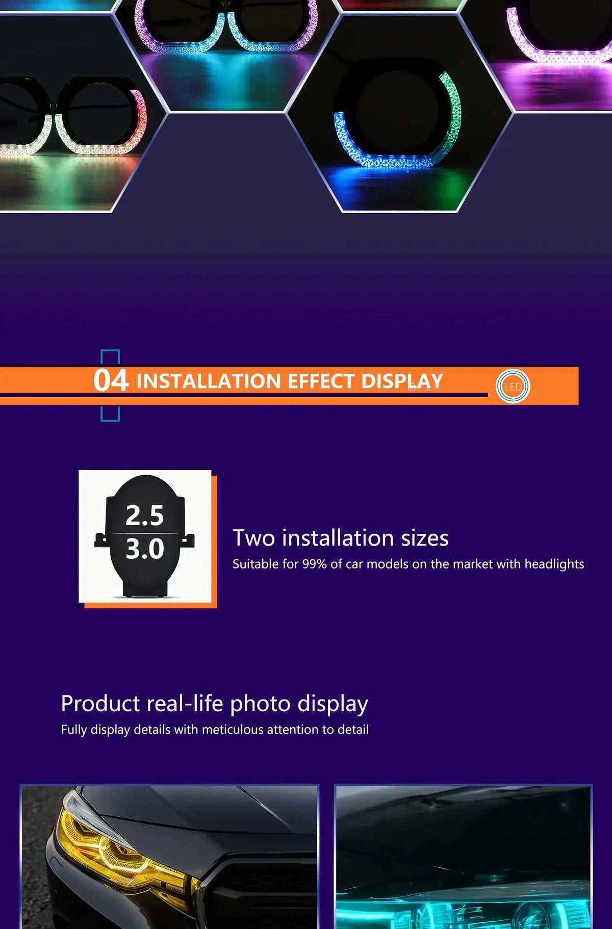 حلقة هالة مصابيح تحديد المواقع الأمامية LED RGB مقاس 3 بوصات