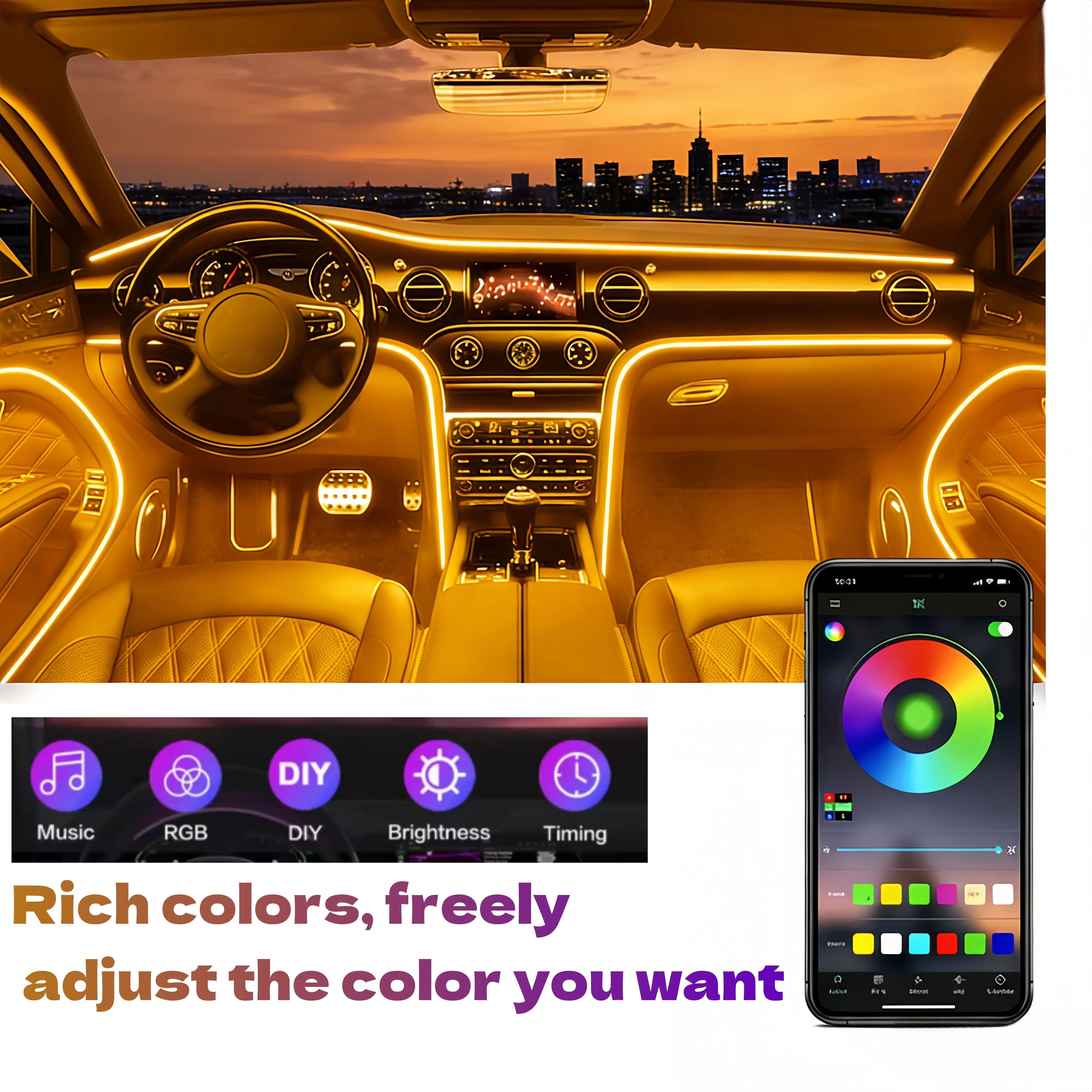 تطبيق إضاءة محيطية داخلية للسيارة سلك EL RGB