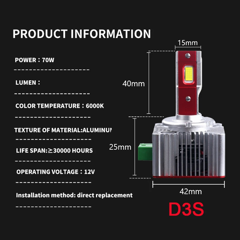 مصباح أمامي LED D1S–D8S بقوة 70 واط بتقنية كانبوس 6000 كلفن (قطعتان)