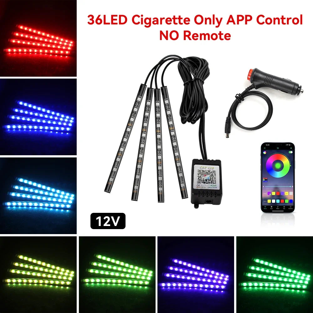 إضاءة LED نيون محيطية للسيارة 4 في 1 بمنفذ USB