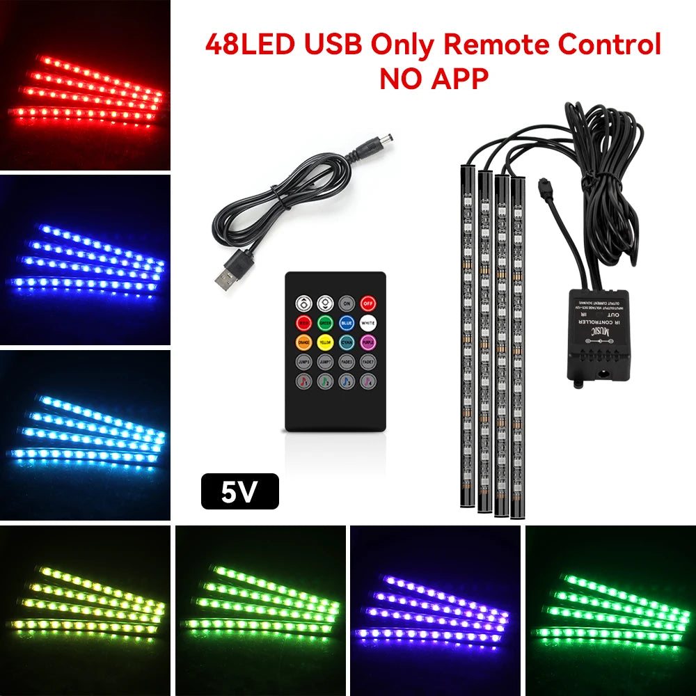 إضاءة LED نيون محيطية للسيارة 4 في 1 بمنفذ USB