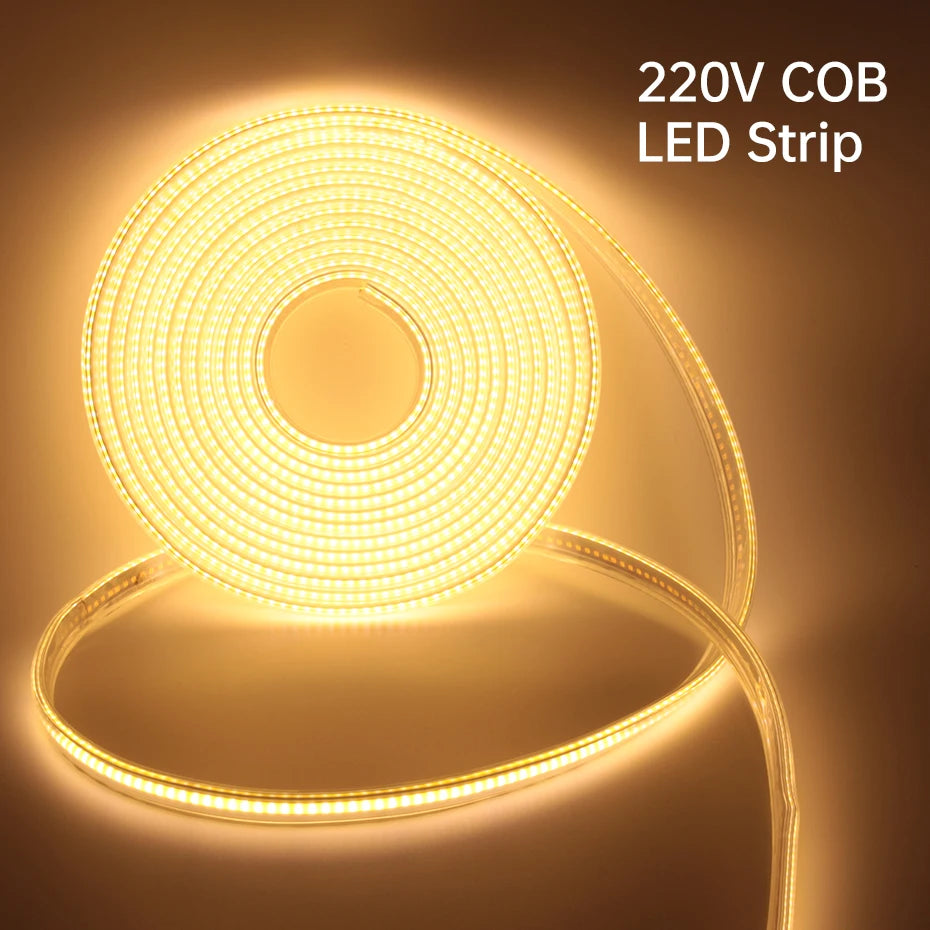 شريط إضاءة LED من نوع COB بجهد 220 فولت ومقاومة للماء IP65