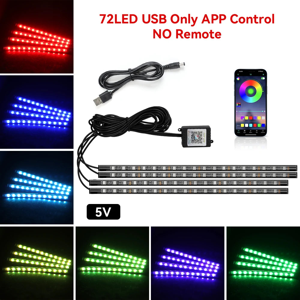 ضوء LED موسيقي RGB للسيارة داخلي بمنفذ USB وجهاز تحكم عن بعد
