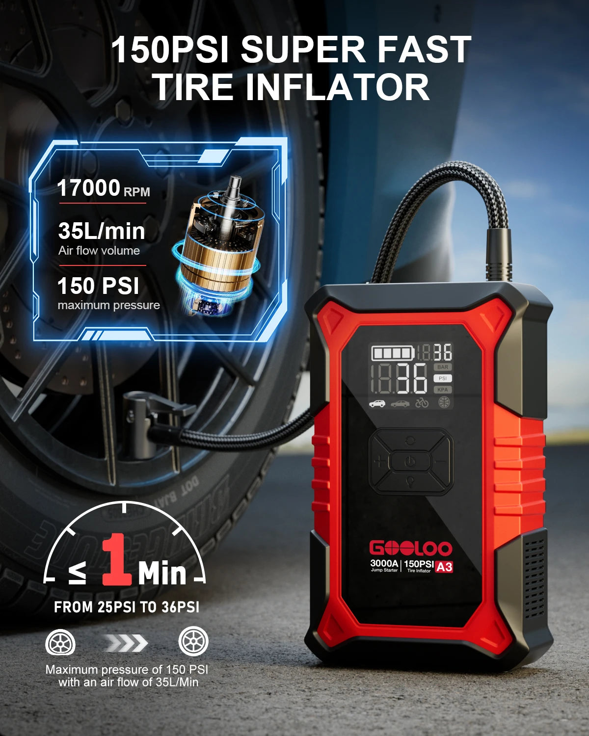 GOOLOO A3 3000A Car Jump Starter 150PSI