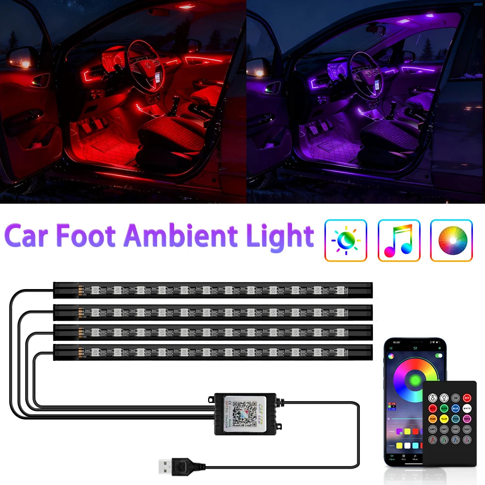 شريط إضاءة LED RGB داخلي للسيارة بتحكم عبر التطبيق