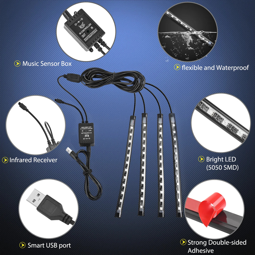 إضاءة داخلية للسيارة USB RGB شرائط إضاءة 4 قطع