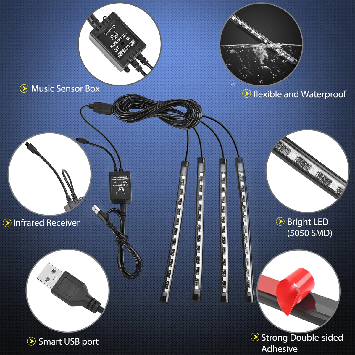 إضاءة داخلية للسيارة USB RGB شرائط إضاءة 4 قطع