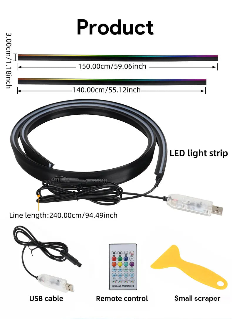 إضاءة محيطية USB RGB للزجاج الأمامي 140/150 سم